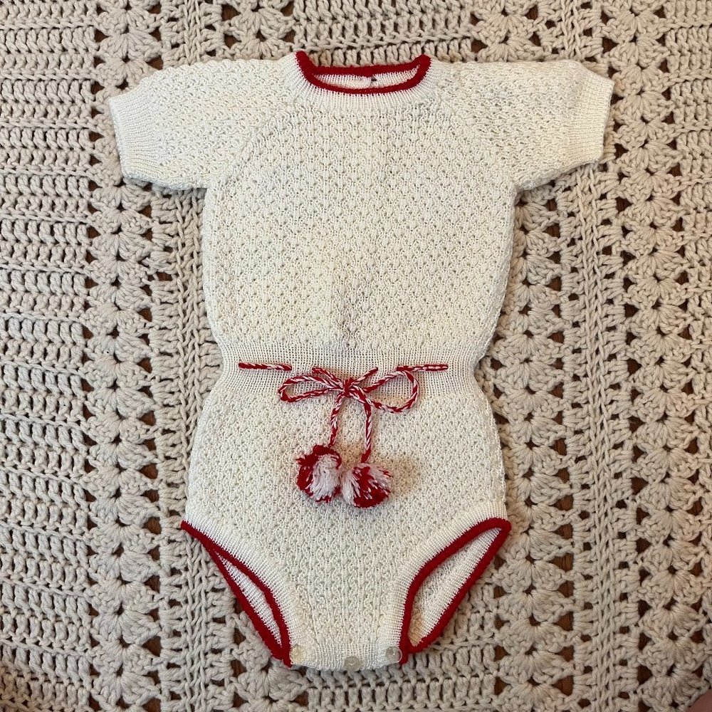 Made in Spain Vintage Cream & Red Crocheted Onesie w/PomPom Drawstring  9 mons